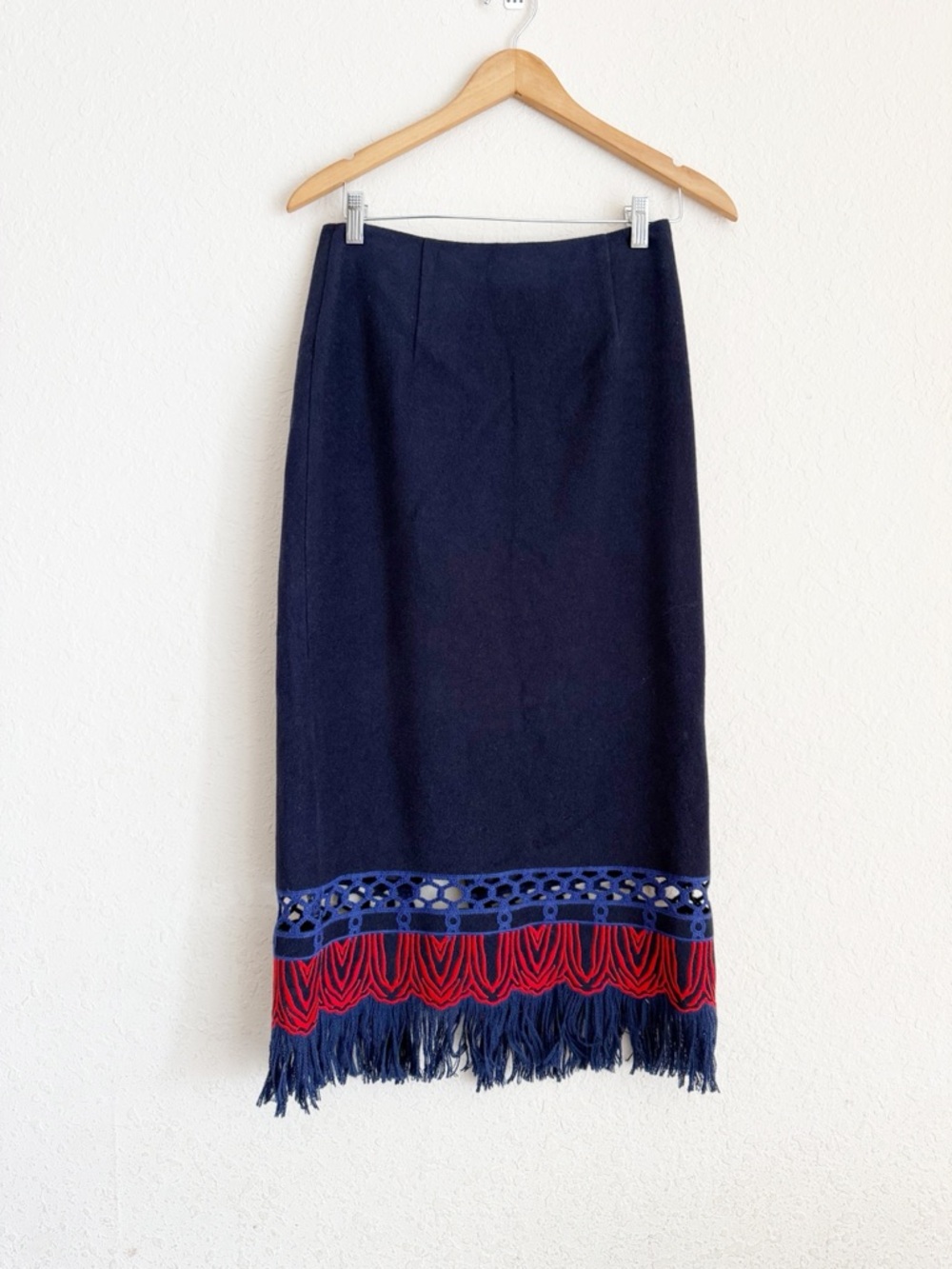 Hunter Bell Rivington Wool Blue Fringe Midi Skirt Size 2 - Picture 2 of 7